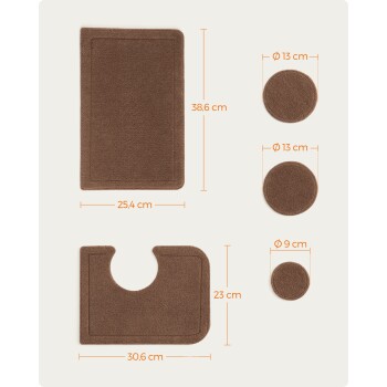 Braunes Haustiermatten-Set umfasst eine rechteckige Matte (25,4 x 38,6 cm), eine kleinere Ausschnittmatte (30,6 x 23 cm) und zwei runde Matten (13 cm, 9 cm).