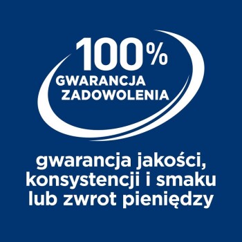 100% gwarancja zadowolenia, gwarancja jakości, konsystencji i smaku lub zwrot pieniędzy, na niebieskim tle.