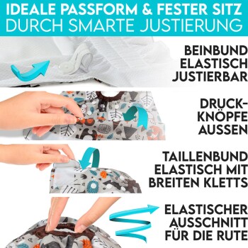 Haustierbekleidung mit verstellbaren elastischen Beinausschnitten, Druckknöpfen und flexiblem Schwanzausschnitt; enthält deutschen Text zur Passform.