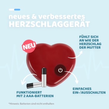 Rotes herzförmiges Haustier-Herzfrequenzgerät mit Ein-/Ausschalter, verwendet 2 AAA-Batterien, fühlt sich an wie der Herzschlag der Mutter, mit "neu"-Label auf Deutsch.