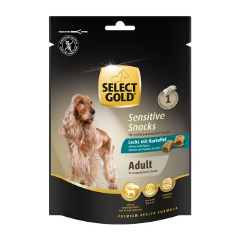 Sensitive Snacks 160g Lachs mit Kartoffel Goldene Sensitive Snacks für erwachsene Hunde mit Lachs und Kartoffeln, ideal für Nahrungsmittelunverträglichkeiten, mit Präbiotika und einem Golden Retriever.