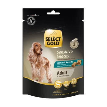 Goldene Sensitive Snacks für erwachsene Hunde mit Lachs und Kartoffeln, ideal für Nahrungsmittelunverträglichkeiten, mit Präbiotika und einem Golden Retriever.