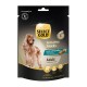 Gold Sensitive Snacks pour chiens adultes avec saumon et pomme de terre, idéaux pour les intolérances alimentaires, comportant des prébiotiques et un golden retriever.