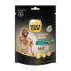 Gold Sensitive Snacks voor volwassen honden met zalm en aardappel, ideaal voor voedselintoleranties, met prebiotica en een golden retriever.