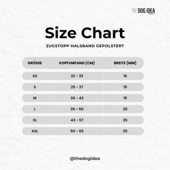 Größentabelle für Hundehalsbänder, die Größen XS bis XXL mit entsprechenden Halsumfangs- und Breitenmaßen in Zentimetern auflistet.