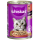 Une boîte de nourriture pour chats Whiskas avec un gros plan d'un chat tigré gris aux grands yeux, à côté d'un bol de nourriture humide.
