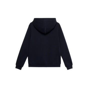 Ein schlichter navyblauer Hoodie von hinten betrachtet, mit einer Kordelzugkapuze und gerippten Bündchen.