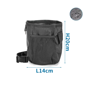 Schwarze Leckerlitasche für Haustiere mit den Maßen L14cm x H20cm, mit einem Reißverschluss und einer Seitentasche, begleitet von einem verstellbaren Gurt.