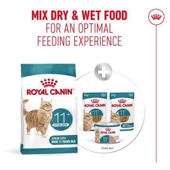 Royal Canin 11+ sterilised dry and wet cat food for senior cats over 11 years old, mix for optimal feeding experience.