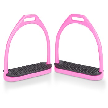 Rosa Pferdestirrup mit einer strukturierten schwarzen Gummisohle, mit dem Markennamen "EQUINATE" auf der Seite eingeprägt.