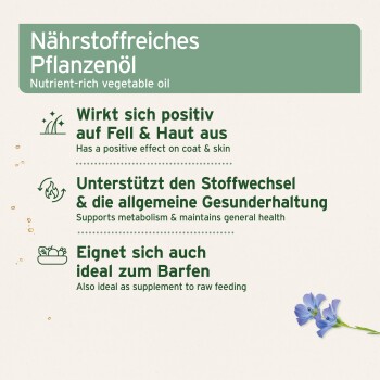 'Nährstoffreiches Pflanzenöl' — verbessert Fell und Haut, unterstützt Stoffwechsel und Gesundheit, ideal für BARF/Rohfütterung.