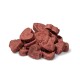 A pile of heart-shaped dog treats in a rich brown color, showcasing their soft texture against a white background.