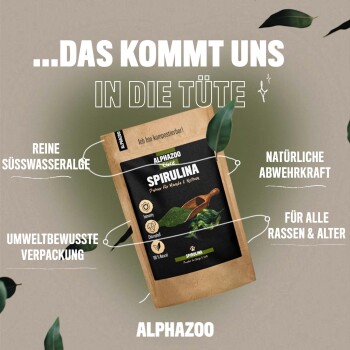 Verpackung von ALPHAZOO Spirulina-Pulver für Hunde und Katzen, mit Text über natürliche Immunität, umweltfreundliche Verpackung und Inhaltsstoffe.