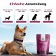 Ein Shiba Inu Hund sitzt im Freien neben einem lila Beutel mit der Aufschrift 'Skin & Coat complete PRO', mit Dosierungsanweisungen für kleine, mittlere und große Hunde.