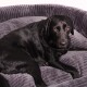 Ein schwarzer Labrador Retriever, der bequem auf einem plüschigen, grauen Hundebett mit geripptem Rand liegt und direkt in die Kamera schaut.
