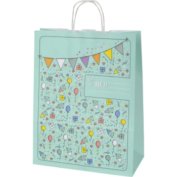 Een lichtblauwe cadeauzak versierd met kleurrijke ballonnen, confetti en cadeaus, met de tekst 'Just for you' in een speelse lettertype.