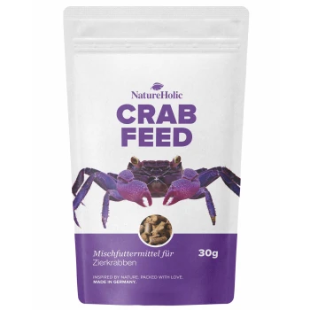 NatureHolic Crab Feed-Tüte, weiß und violett mit Krabbenillustration; zeigt 'CRAB FEED', 'Mischfuttermittel für Zierkrabben' und '30g'.