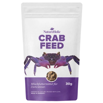 NatureHolic Crab Feed-Tüte, weiß und violett mit Krabbenillustration; zeigt 'CRAB FEED', 'Mischfuttermittel für Zierkrabben' und '30g'.