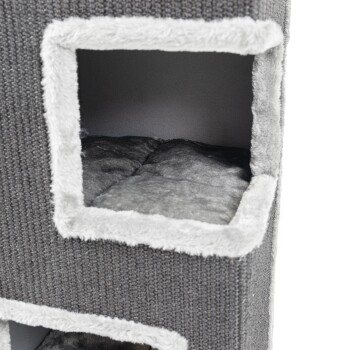 Grauer Katzenwohnraum mit zwei Öffnungen, ausgestattet mit weicher grauer Bettwäsche im Inneren, entworfen für Katzen oder kleine Haustiere.