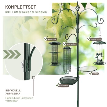 Komplettes Vogelfutterset mit verstellbarer Höhe, mit Futterspendern für Nüsse, Samen und Mehlwürmer sowie einer Wasserschüssel.
