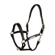 Schwarzes Leder-Haustiergeschirr mit goldenen Metallakzenten und verstellbaren Riemen, entworfen für Komfort und Kontrolle.
