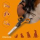 Fiskars orange‑schwarze Haustier‑Effilierschere, abgebildet mit Hand, die Hundefell trimmt, Gebrauchssymbole und FISKARS‑Logo