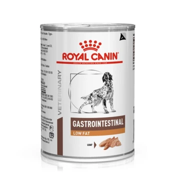 Royal Canin Veterinär-Dosenfutter für Hunde, gekennzeichnet mit "Gastrointestinal Low Fat", mit einer Hundillustration und Futterstücken auf dem Etikett.