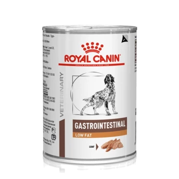 Royal Canin Veterinär-Dosenfutter für Hunde, gekennzeichnet mit "Gastrointestinal Low Fat", mit einer Hundillustration und Futterstücken auf dem Etikett.