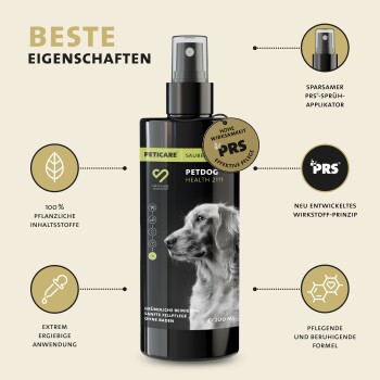 Petcare Petdog Health 2111 Sprühflasche, mit 100% pflanzlichen Inhaltsstoffen, effektiver PRS-Anwendung und einer beruhigenden Formel.