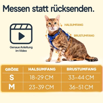 Eine Katze mit einem blauen Geschirr, mit Text, der Größenoptionen und Messanleitungen für Hals- und Brustumfang angibt.
