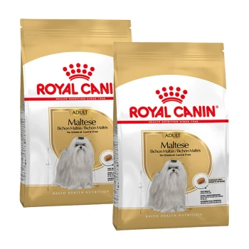 Zwei Tüten Royal Canin Adult Maltese Hundefutter, mit einem weißen Malteserhund auf der Vorderseite, mit Text, der die rassespezifische Ernährung hervorhebt.