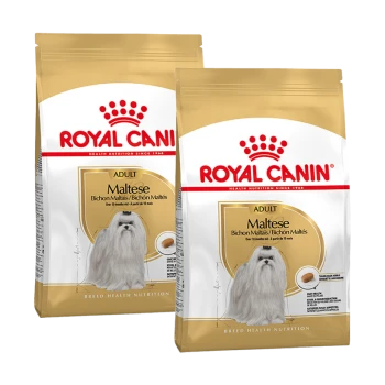 Twee zakken Royal Canin Adult Maltese hondenvoer, met een witte Maltese hond op de voorkant, met tekst die de specifieke voeding voor het ras benadrukt.