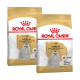 Zwei Tüten Royal Canin Adult Maltese Hundefutter, mit einem weißen Malteserhund auf der Vorderseite, mit Text, der die rassespezifische Ernährung hervorhebt.