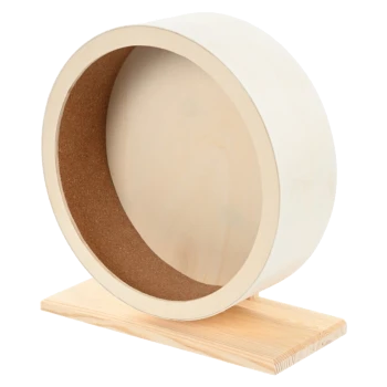 Roues d'exercice en bois pour petits animaux, avec un extérieur lisse de couleur claire et un intérieur en liège, montées sur une base en bois.