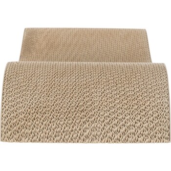 Ein doppelseitiger Wellpappe-Katzenschaber mit einer gewellten Textur, entworfen zum Kratzen und Spielen.