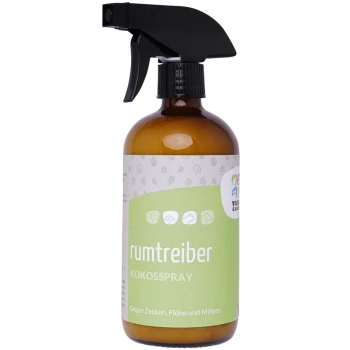 Braune Sprühflasche mit der Aufschrift "rumtreiber KOKOSSPRAY" mit einem grünen Design, das behauptet, Zecken, Flöhe und Milben abzuwehren.