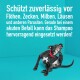 Ein schwarzer Hund mit einem weißen Fleck kratzt sich vor einem türkisfarbenen Hintergrund. Deutscher Text behauptet, es schützt vor Flöhen und Zecken.