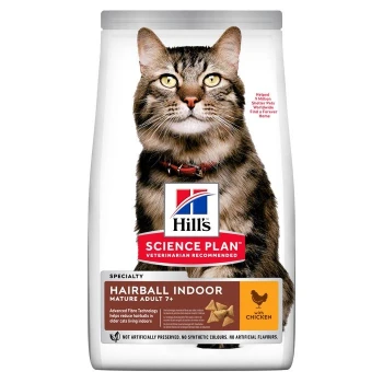 Hill's Science Plan Katzenfutterbeutel mit einer Nahaufnahme einer reifen getigerten Katze. Das Etikett besagt "Hairball Indoor Mature Adult 7+" mit Huhn.