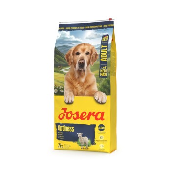 Josera Optiness Hundefutter für Erwachsene mit Lamm, deutsche Qualität, große Größe, 77 % tierisches Protein, mit Illustration von Hund und Schaf.