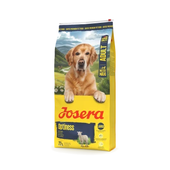 Josera Optiness Hundefutter für Erwachsene mit Lamm, deutsche Qualität, große Größe, 77 % tierisches Protein, mit Illustration von Hund und Schaf.