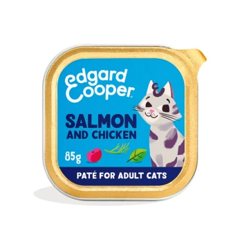 Edgard Cooper cat paté tray, Salmon and Chicken 85g, Paté for Adult Cats, blue label with illustrated cat