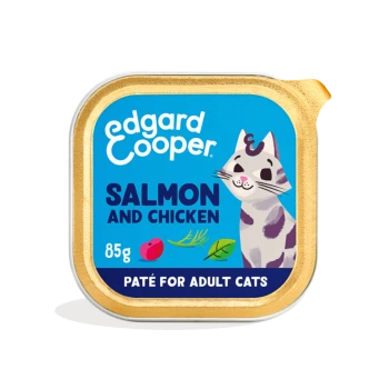 Edgard Cooper cat paté tray, Salmon and Chicken 85g, Paté for Adult Cats, blue label with illustrated cat