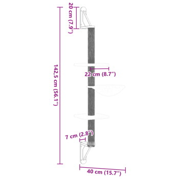 Illustration der Abmessungen eines Katzenbaums mit einem vertikalen Design, das zwei Regale und eine Hängematte zeigt, beschriftet mit Maßen in Zentimetern und Zoll.