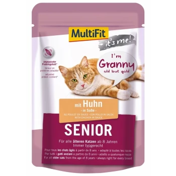 It's me Granny Senior 24x85 g Eine Katzenfuttertüte für ältere Katzen, mit einer roten Katze und dem Aufdruck 'MultiFit' mit 'Ich bin Oma alt, aber gold' und 'mit Huhn - in Soße.'