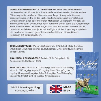 Verpackung von Dr. John Silver Hundefutter mit Huhn und Gemüse, mit Zutatenliste, Fütterungshinweisen und Nährwertanalyse.