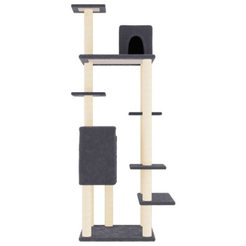 Katzenbaum mit mehreren Ebenen, Kratzpfosten und einem gemütlichen Versteck in modernem Design mit grauen und natürlichen Holzfarben.
