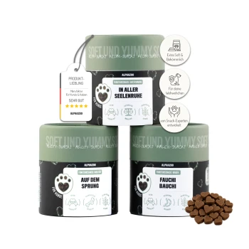 Drei Gläser mit Haustiersnacks, beschriftet mit "In aller Seelenruhe," "Auf dem Sprung," und "Fauchi Bauchi," mit herzförmigen Leckereien daneben.