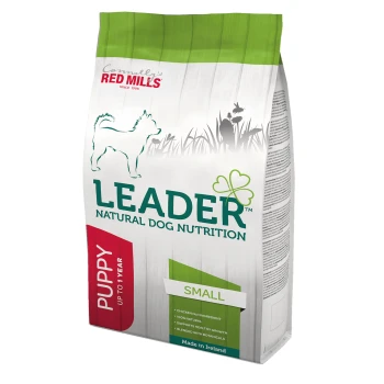 Leader Puppy Small Breed 2 kg Leader Natural Dog Nutrition for puppies bag with green top, white background, and dog graphic. Highlights: "PUPPY," "SMALL," "100% Natural."