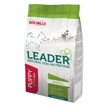 Leader Natural Dog Nutrition for puppies bag with green top, white background, and dog graphic. Highlights: "PUPPY," "SMALL," "100% Natural."