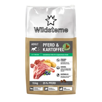 Wildsterne Trockenfutter für erwachsene Hunde, Verpackung mit Aufschrift 'PFERD & KARTOFFEL' 15 kg, 25 % Pferd, zeigt rohes Fleisch, Kartoffeln und Heidelbeeren